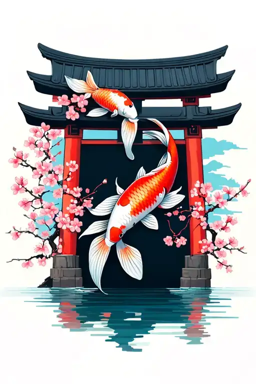 Torii Gate With Koi Fish And Cherry Blossoms