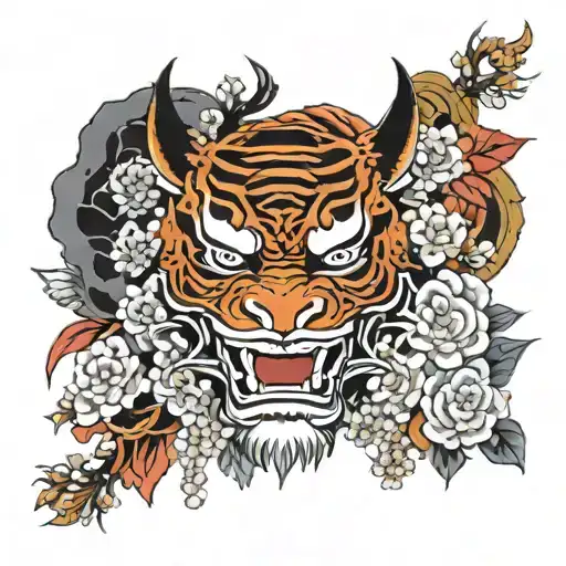 Hannya Mask With Tiger Surrounded By Flowers