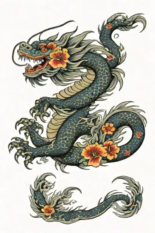 Japnese Dragon With Flowers