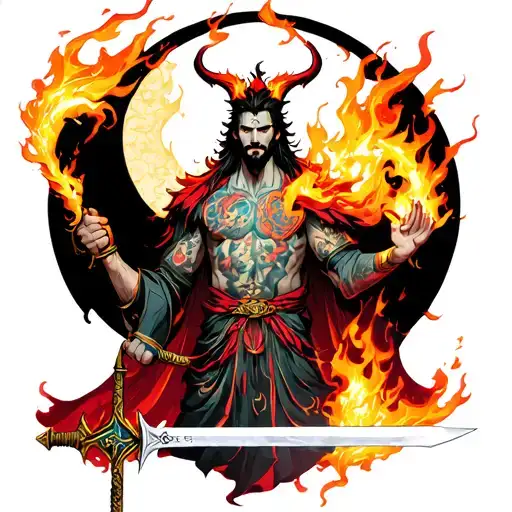 Lucifer Holding The Flaming Sword Surrounded