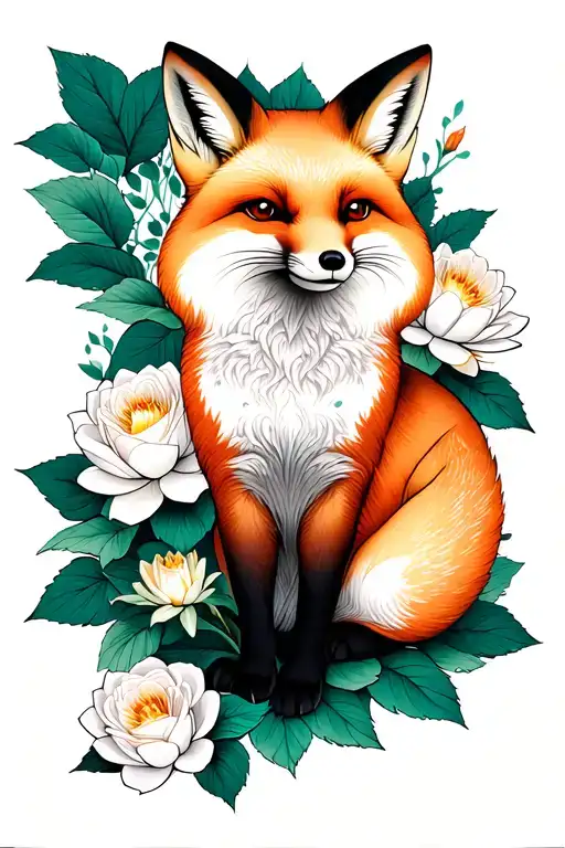 Water Lily And White Rose Background With Fox Sitting