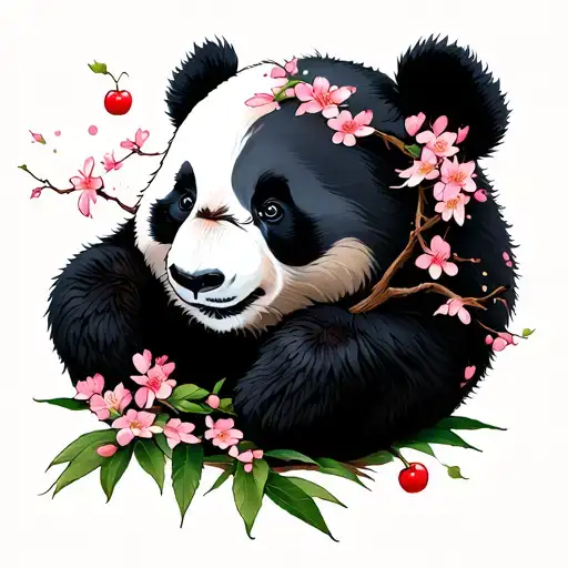 Panda And Cherry Blossoms Falling
