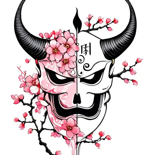 Half Oni Mask With Cherry Blossom And Japanese Life Death Kanji Symbols
