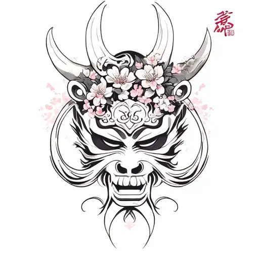 Half Oni Mask With Cherry Blossom And Japanese Life Death Kanji Symbols