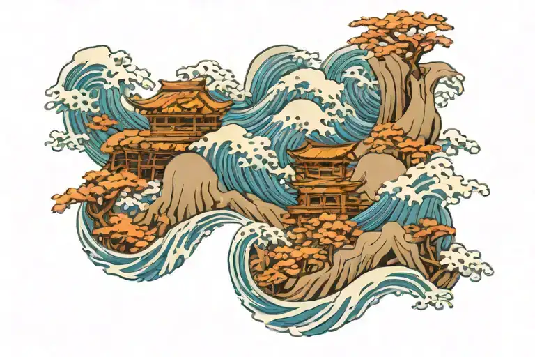 Waves Flowing River Mountain Range With A Hidden Symbols Representing Wabi Sabi