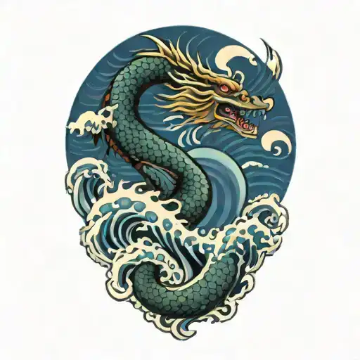 A Japanese Dragon Flying With Wave Pattern Background