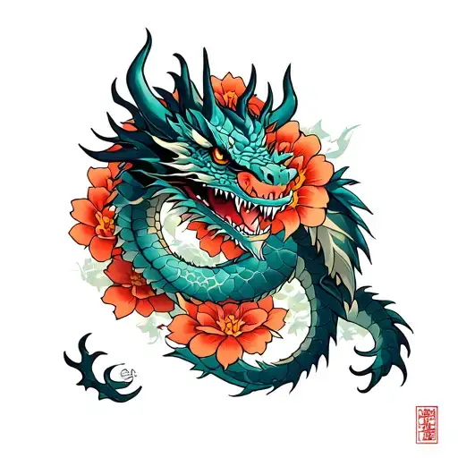 Upper Arm Half Sleeve With An Oriental Floral Design And The Dragon Vorkath From Runescape