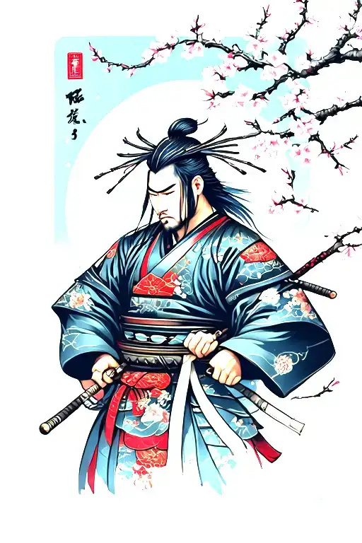 Samurai With Cherry Blossom Background