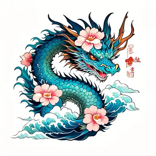Dragon And Sakura Flowers And Waves Oriental Tattoo For Back Woman