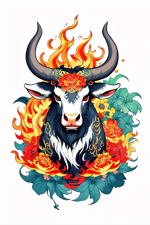 Oriental Fire Ox Surrounded By Lush