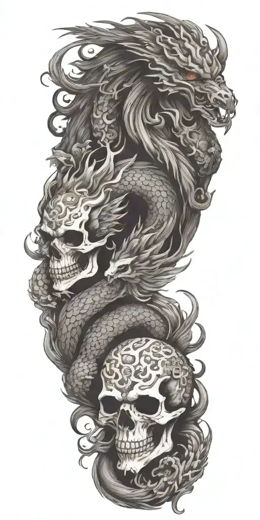 Chinese Dragon And Phoenix And Skull And Moon And Raven