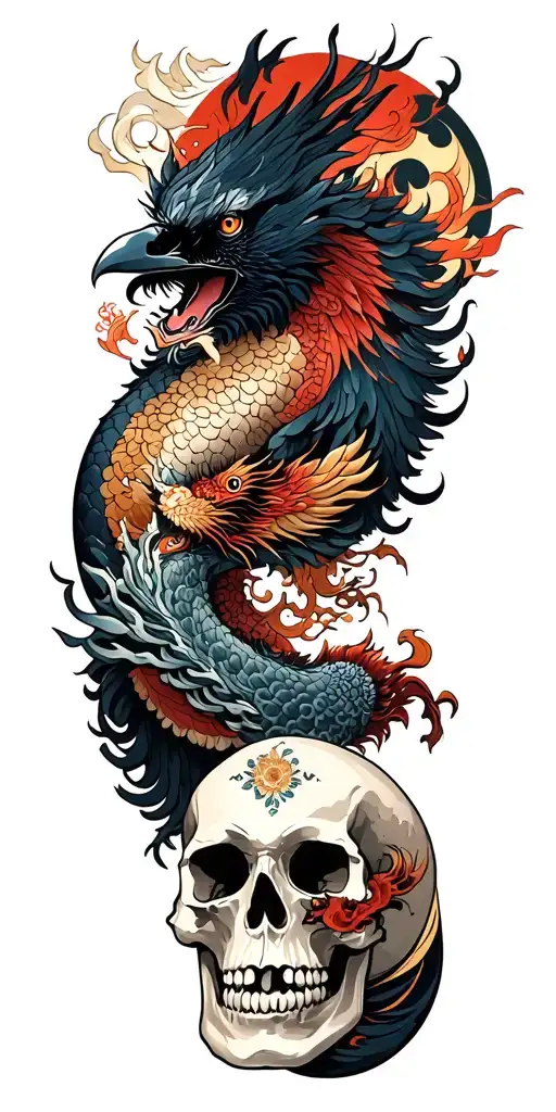 Chinese Dragon And Phoenix And Skull And Moon And Raven