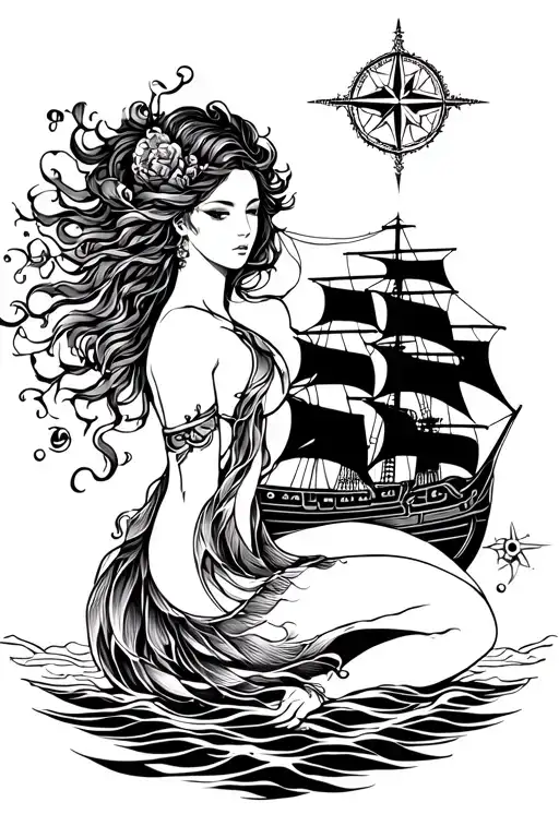 Female Aquarius With Ship And Compass Rose Intertwined