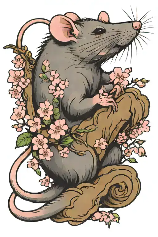 Rat With Pink Cherry Blossoms
