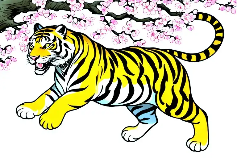 Tiger Climbing Down A Cherry Blossom Tree