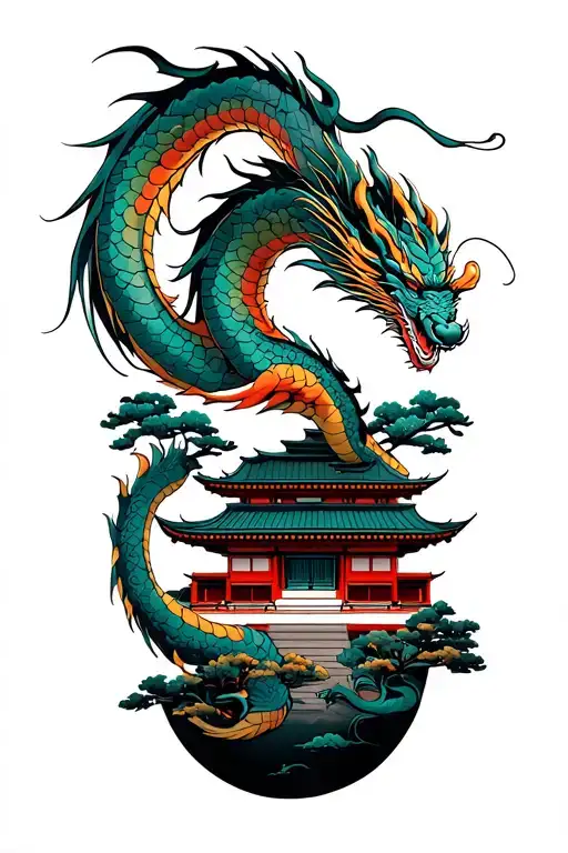 Japanese Dragon Flying Over A Temple