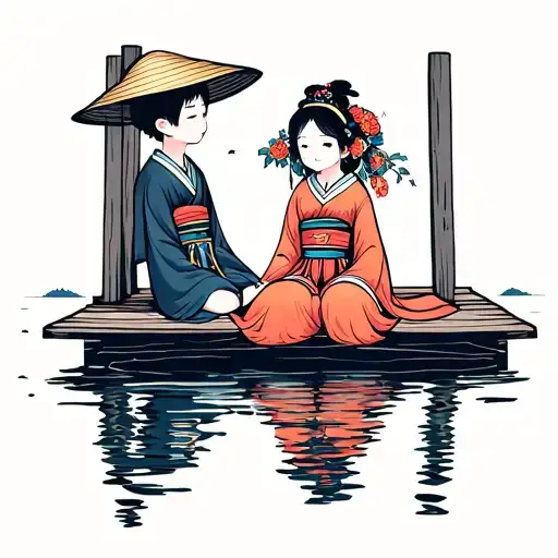 Boy With Hat Girl With Dress Sitting On Dock Extending Into Water