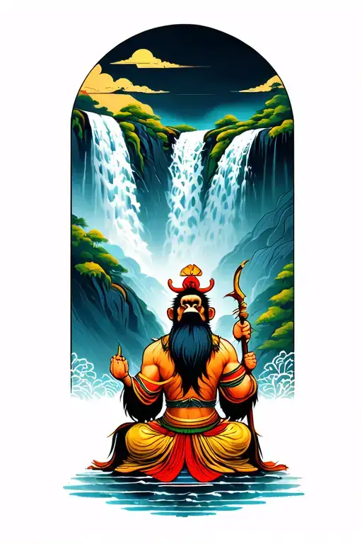 Monkey King Sitting With A Staff Looking Out Over Waterfall