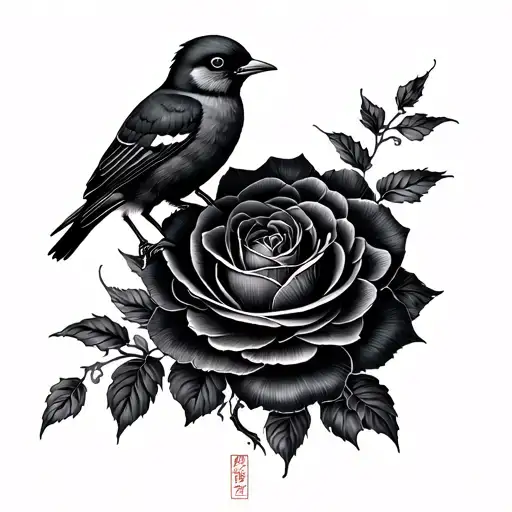 A Bird Perched On A Black Rose Intertwined