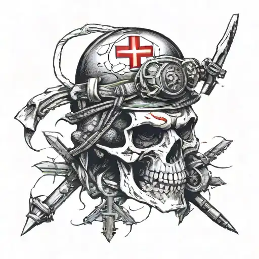 Combat Medic Skull With Red Cross Helmet Adorned