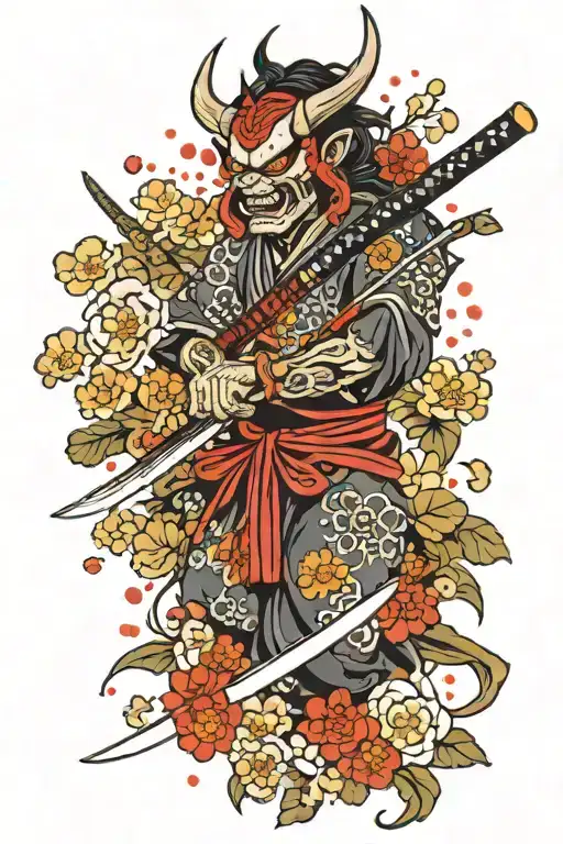 Oni Demon Floral Design With Katana Sword Money Raining