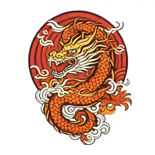 A Japanese Dragon Flying With Wave Pattern Background