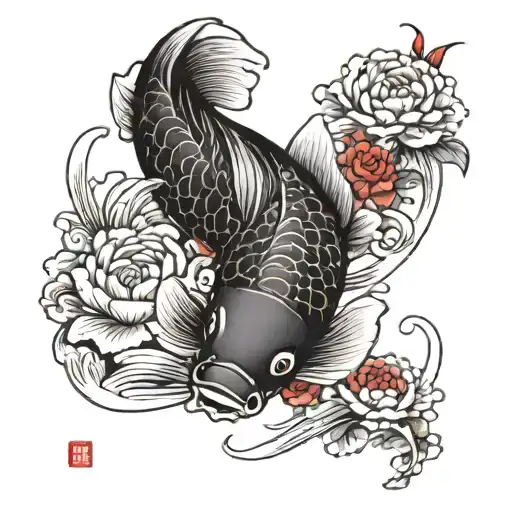 Koi Fish Black And Red With Flowers