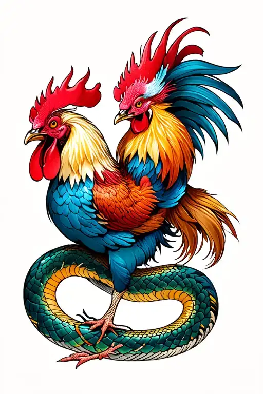 Japanese Rooster And Snake Fighting
