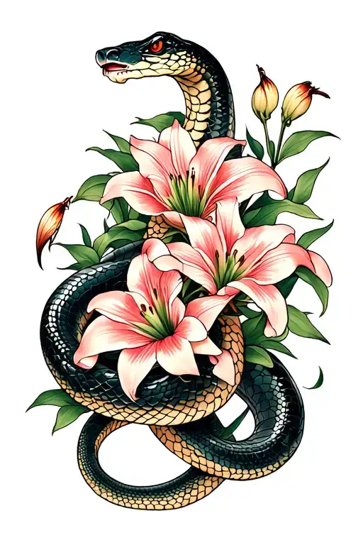 Snake With Spider Lillies Full Sleeve Tattoo Design