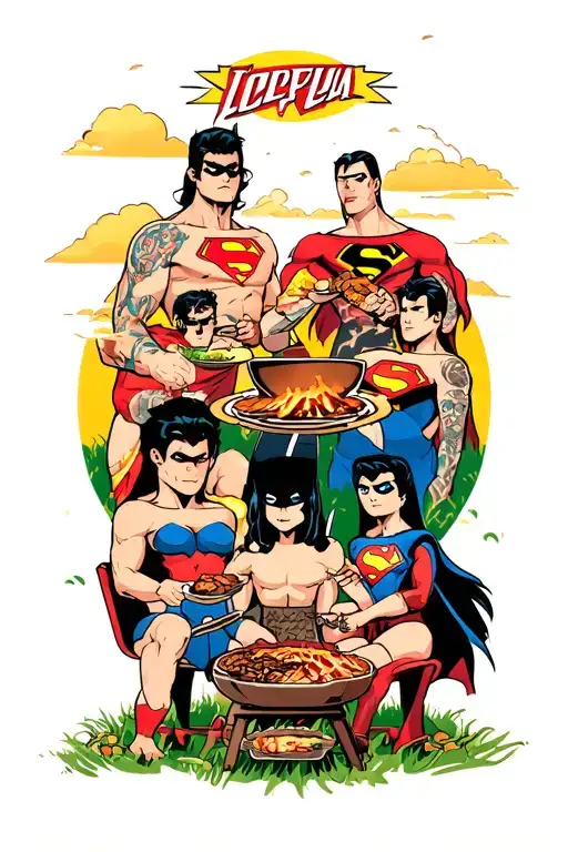 All The Characters Of The Justice League Eating Barbecue In A Field