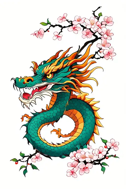 Dragon With Cherry Blossom Yakuza Style