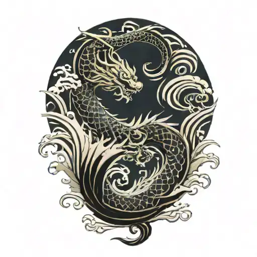 A Japanese Dragon Flying With Wave Pattern Background