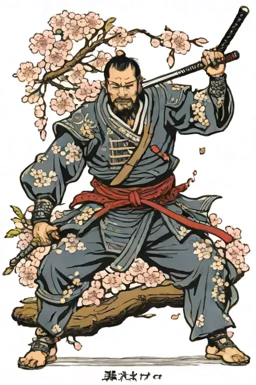 Samurai Standing Infront Of Cherry Blossom Tree