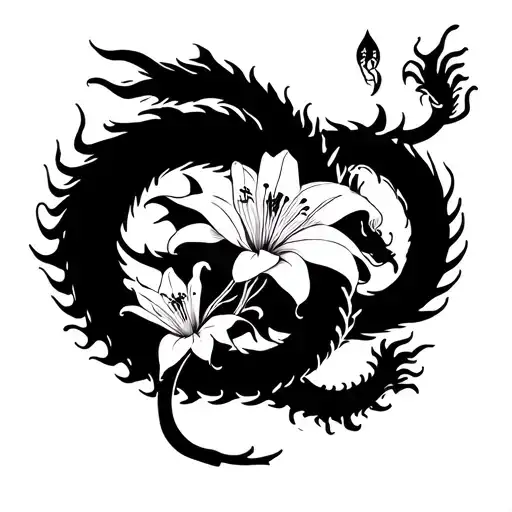 Spider Lily Flower With Chinese Dragon Circling On The Stem