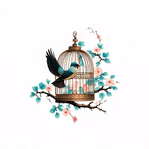 A Bird Flying Out Of A Cage And A Bird On A Branch