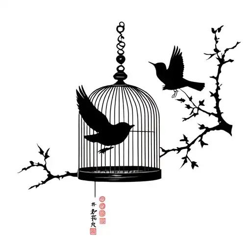 A Bird Flying Out Of A Cage And A Bird On A Branch