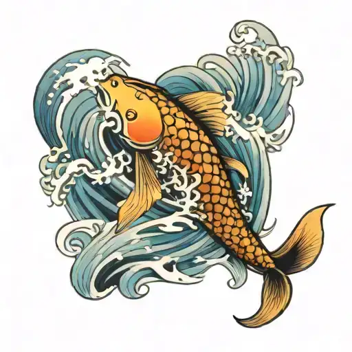 Waves Crashing Koi Fish Swimming Upstream