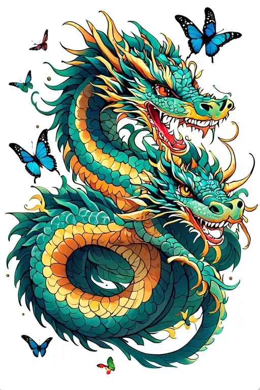Dragon Wrapped Surrounded By Butterflies Surrounding