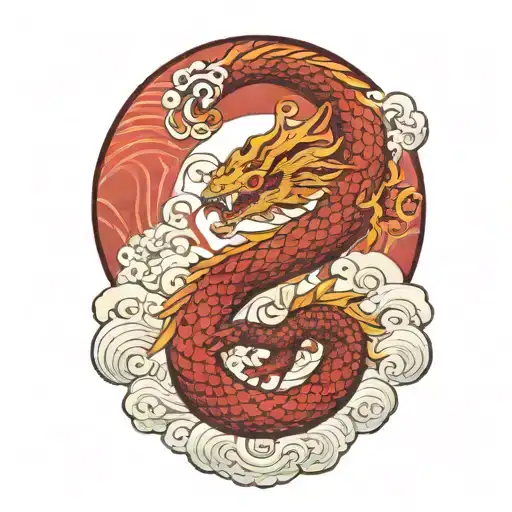 A Japanese Azure Dragon Flying With Wave Pattern Background