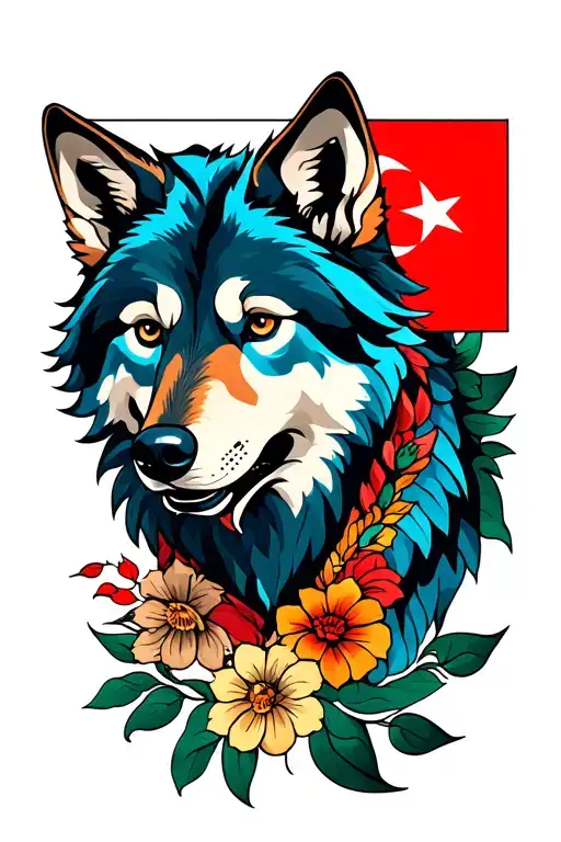 Colorful Loyal Wolf And Turkish Flag