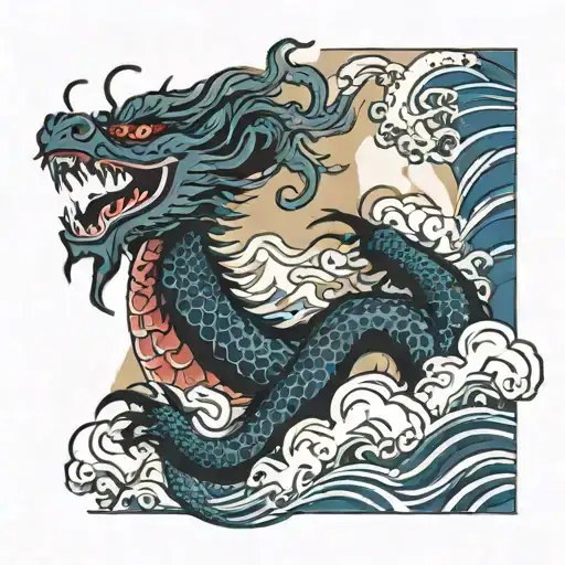 A Japanese Dragon Flying With Wave Pattern Background