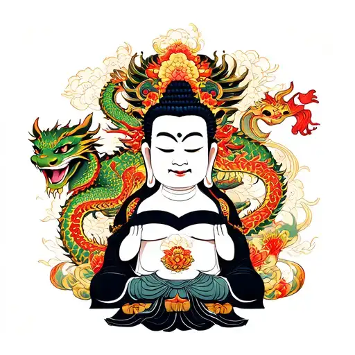 Buddah With Dragon And Foo Dog Above