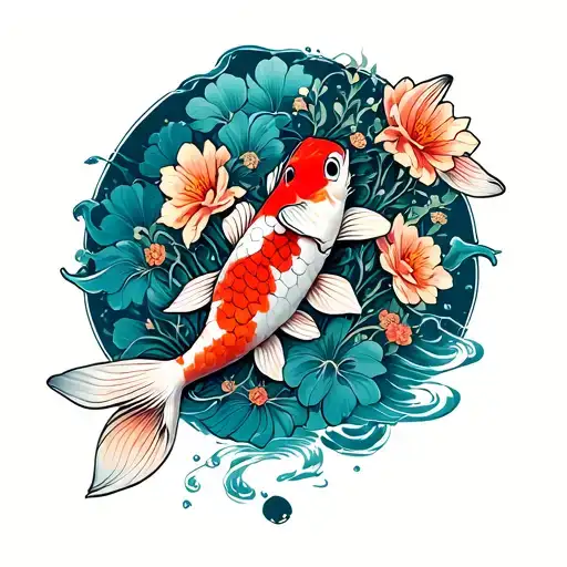 Koi Fish With Flowers
