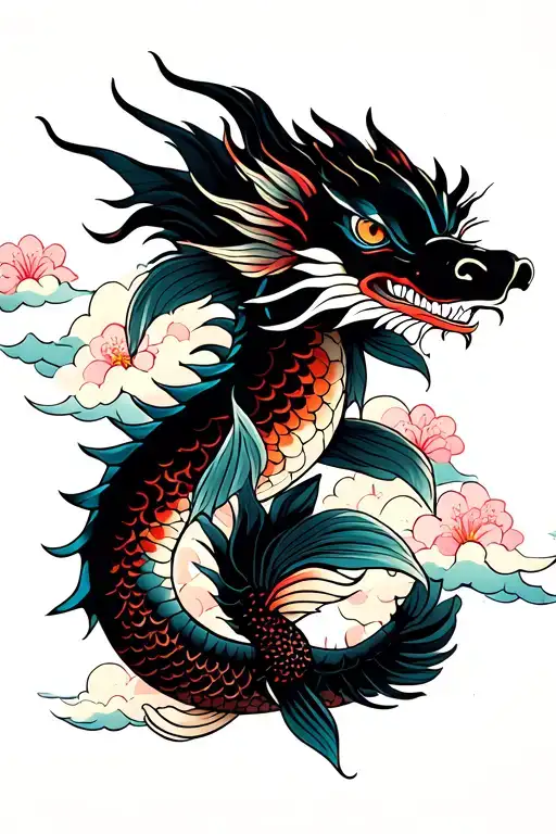 Kio Fish And Dragon With Whimsical Clouds And Cherry Blossoms