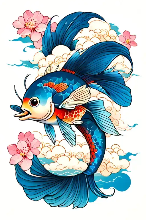 Kio Fish With Whimsical Clouds And Cherry Blossoms