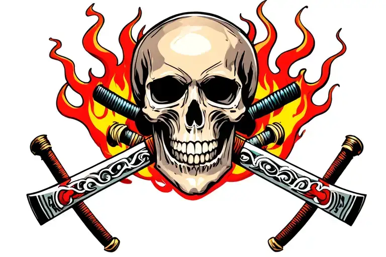 Skull In Flames With Katans In The Background