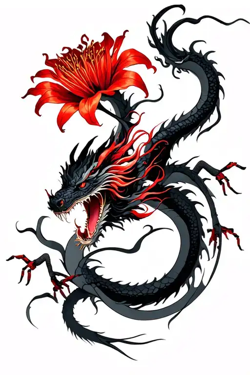 Black Smoke Dragon With Red Spider Lily