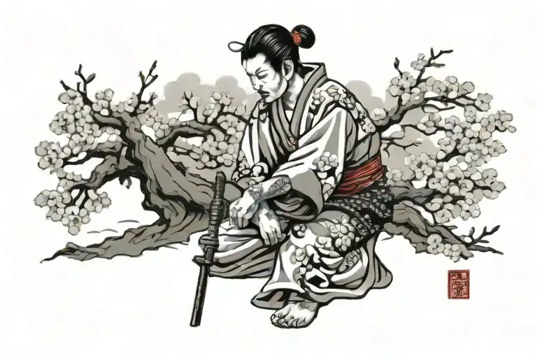 Samurai Kneeling Next To Cherry Tree Growing