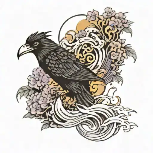 Yakuza Stlye Crow Waves And Lavender And Oni Demons