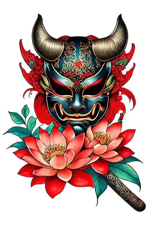 Mask Oni Katana Et Lotus Flowers